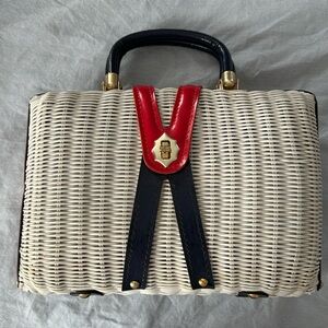 Vintage Wicker and Leather Bag, Red, White and Blue, made in Hong Kong